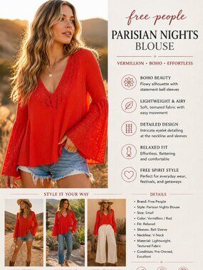 Free People Bell Sleeve Blouse Parisian Nights Boho Relaxed Flare SZS Festival